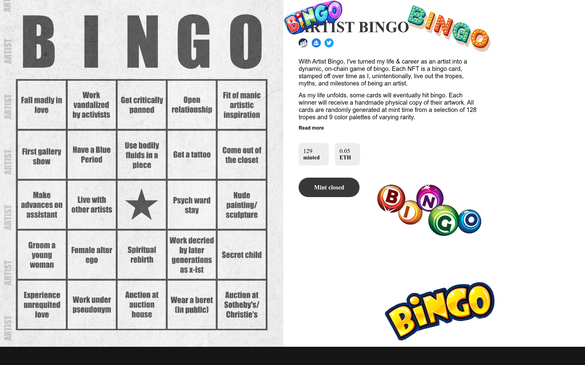 Screenshot of artist.bingo