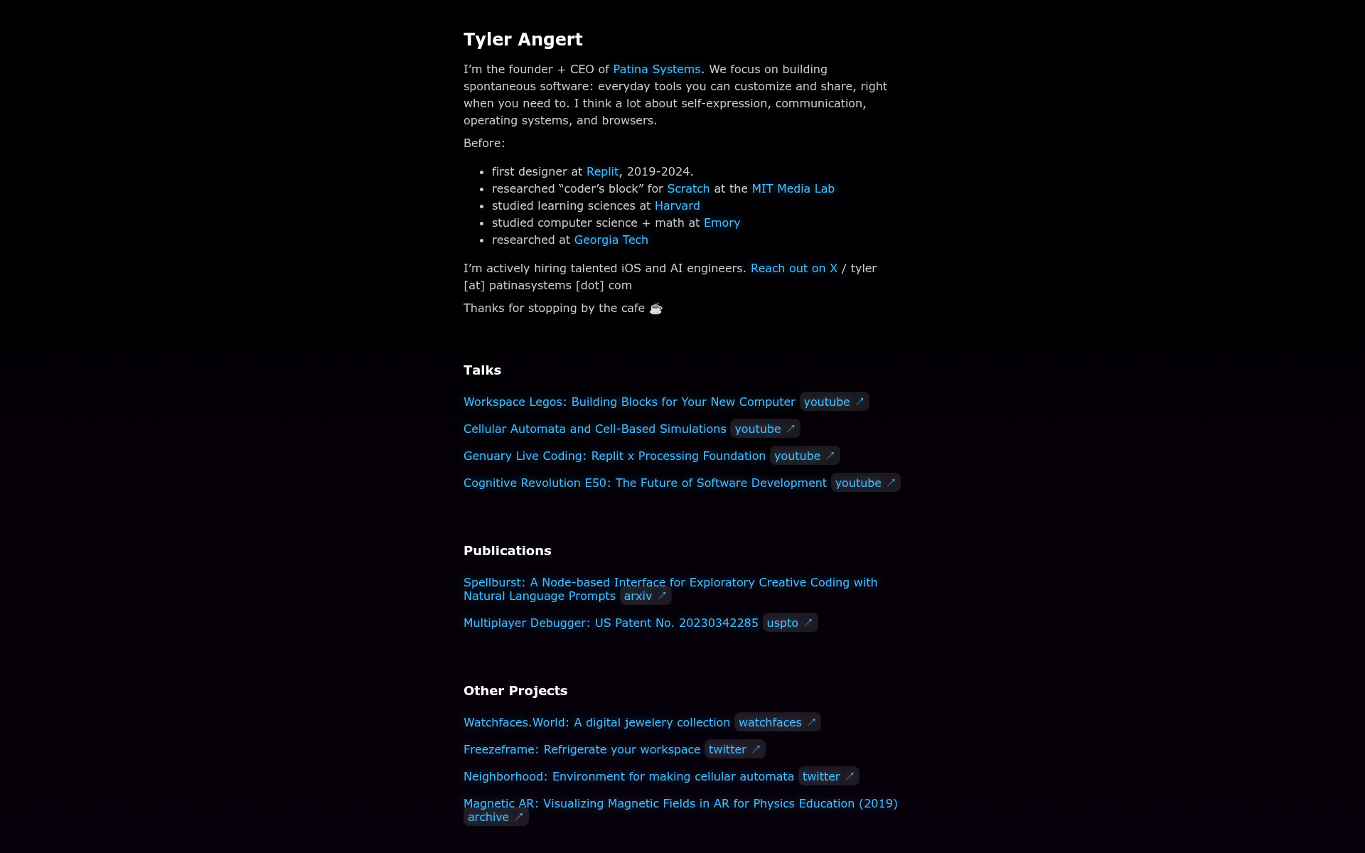 Screenshot of tyler.cafe